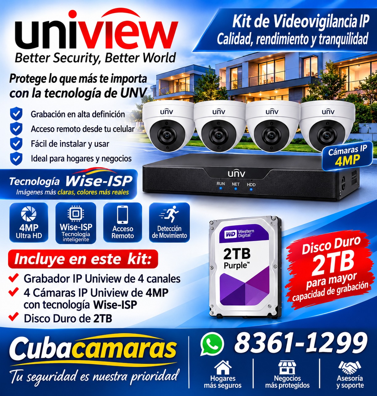 Promoción CubaCámaras: kit Uniview IP con cuatro cámaras de 4 MP, grabador NVR de cuatro canales y disco duro de 2 TB